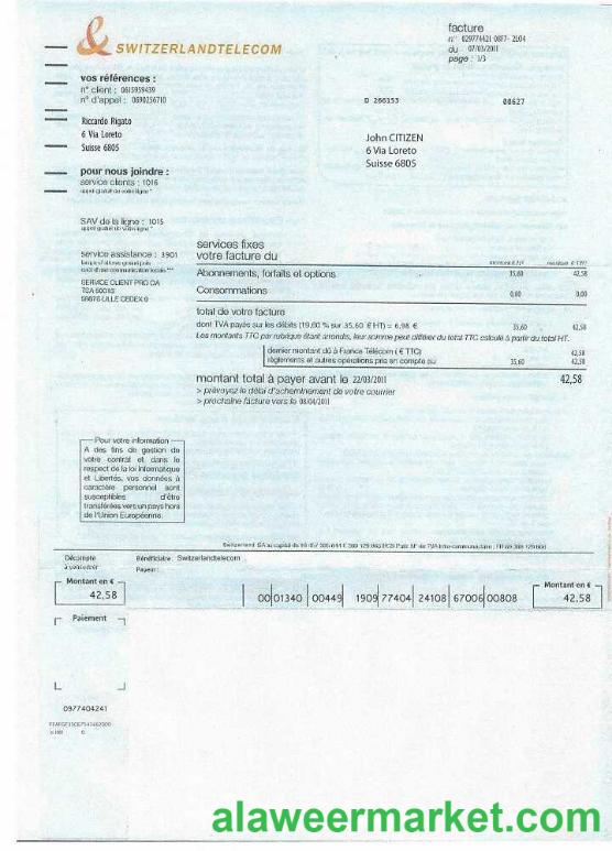 Switzerland Telecom utility bill template, fully editable in PSD format